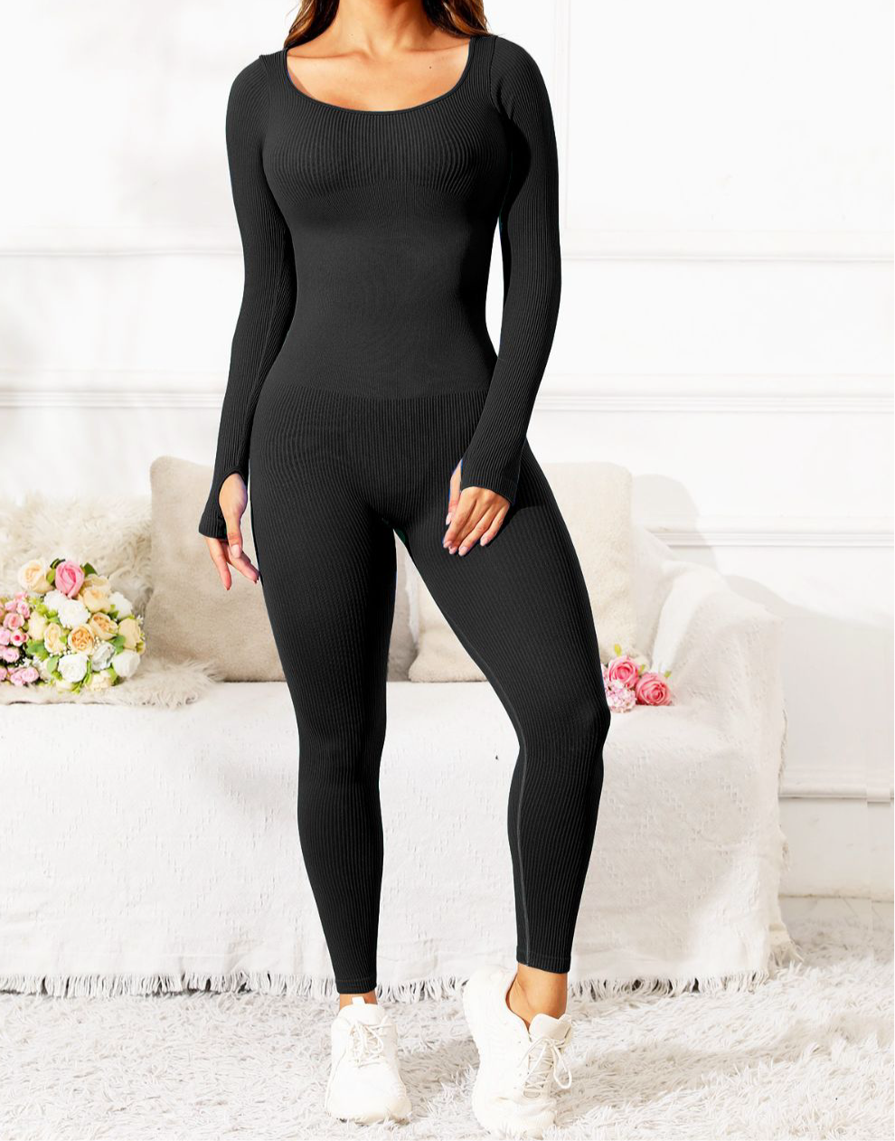 Makaya Scoop Neck Long Sleeve Active Jumpsuit