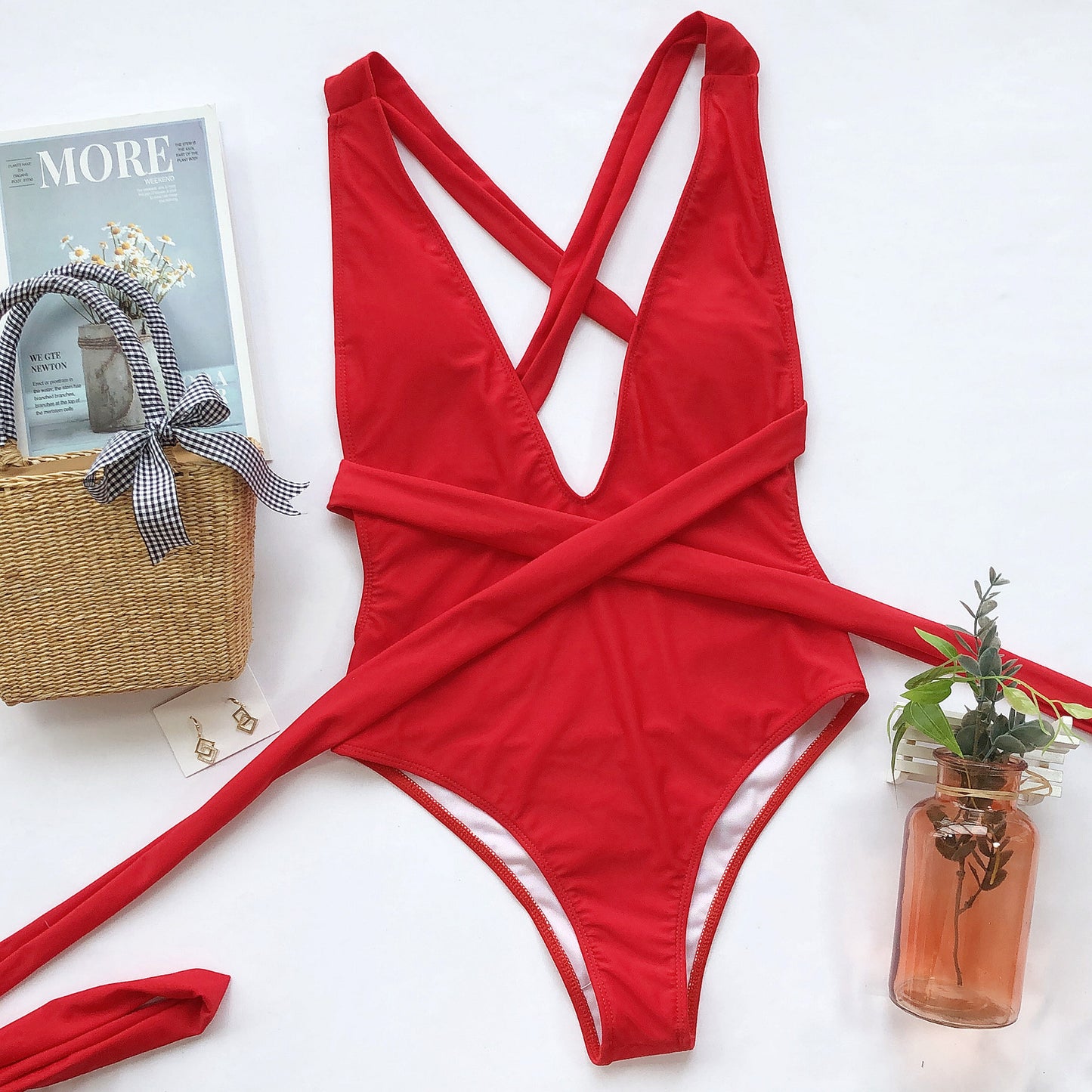 Shauna Halter Neck Deep V Tied One-Piece Swimsuit