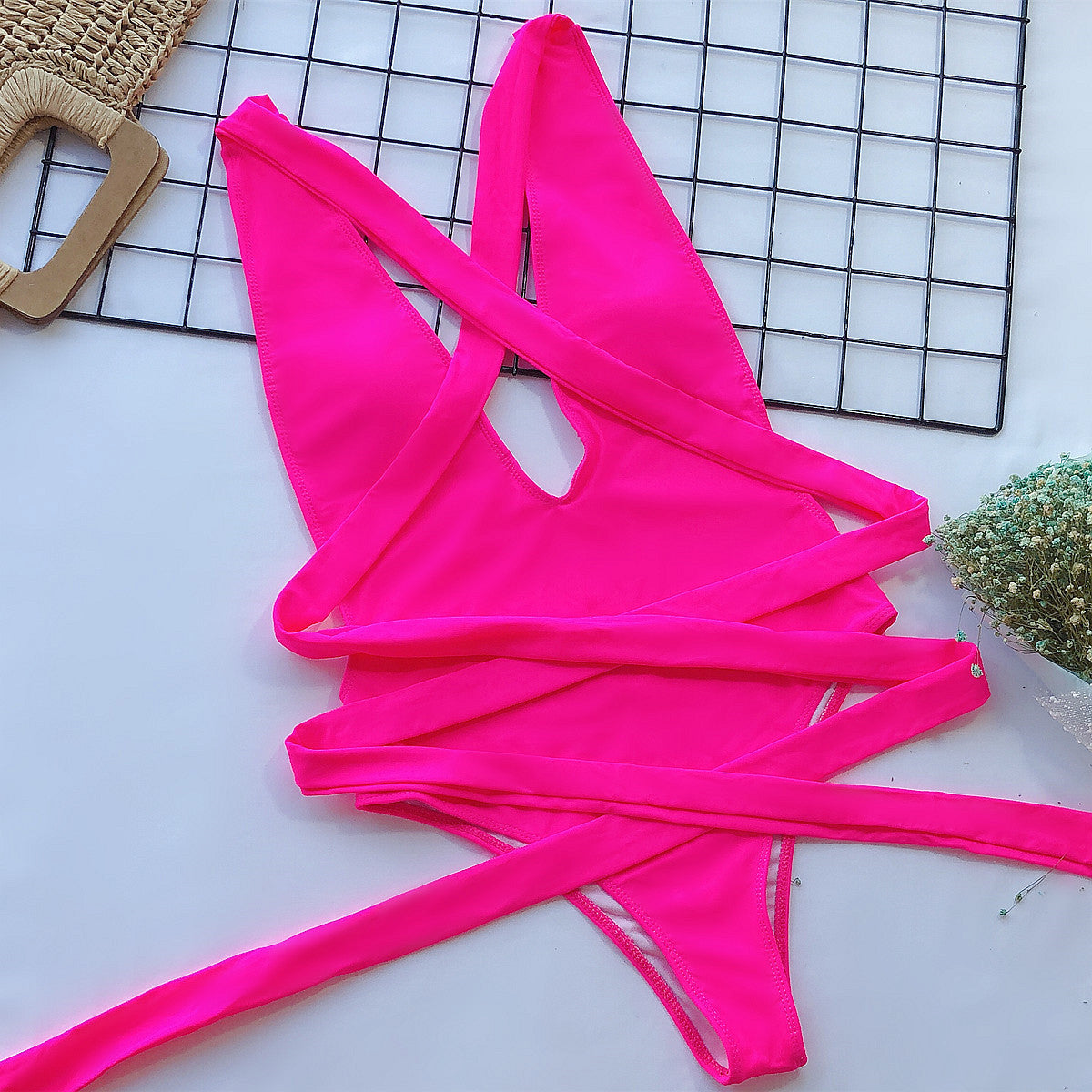 Shauna Halter Neck Deep V Tied One-Piece Swimsuit