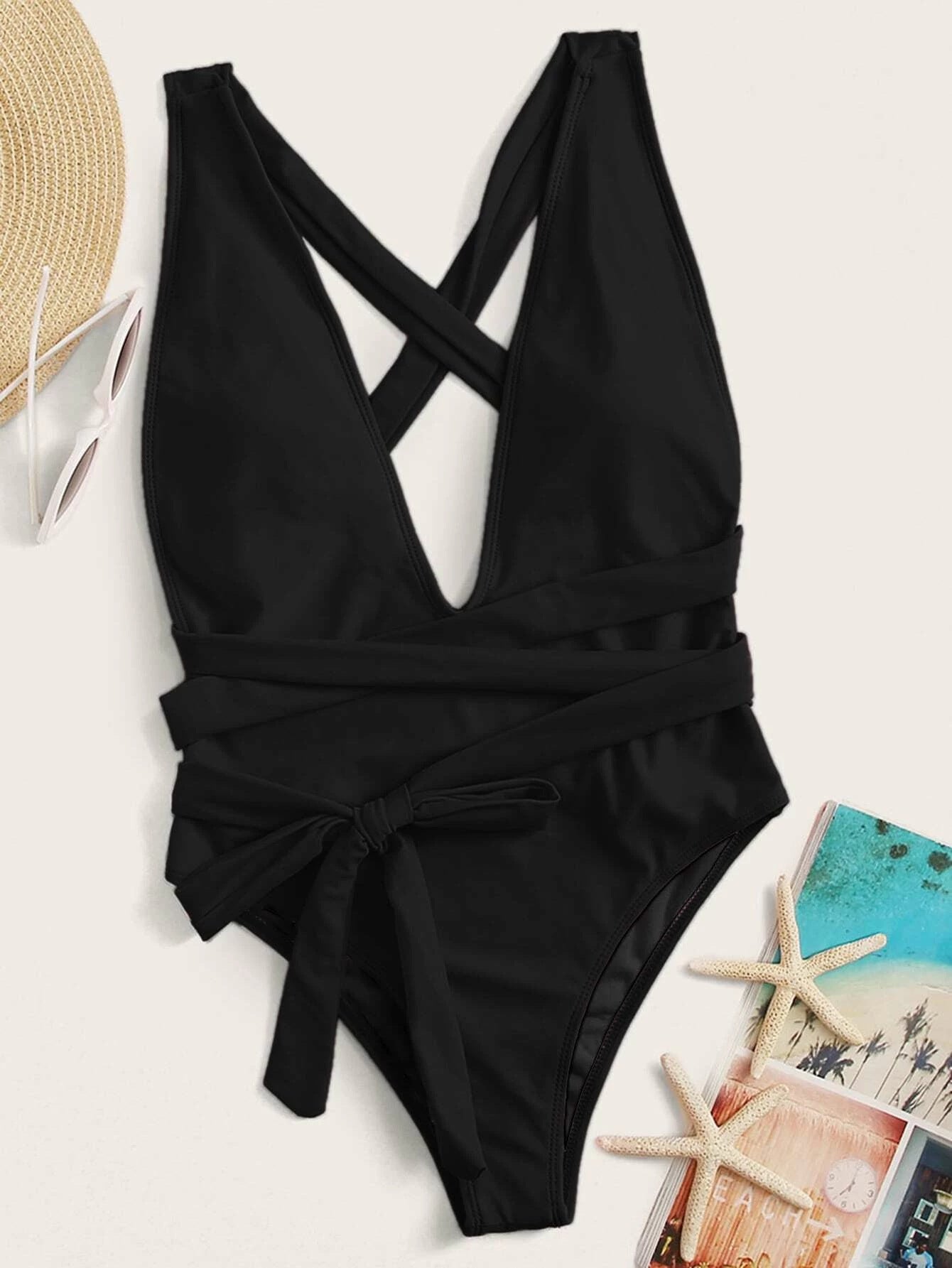 Shauna Halter Neck Deep V Tied One-Piece Swimsuit