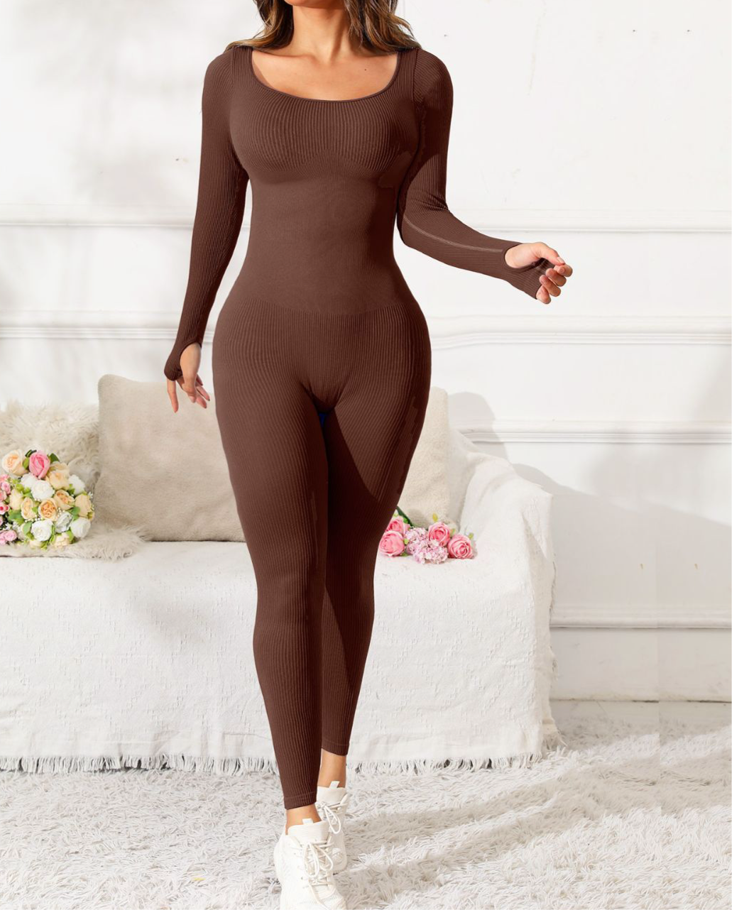 Makaya Scoop Neck Long Sleeve Active Jumpsuit