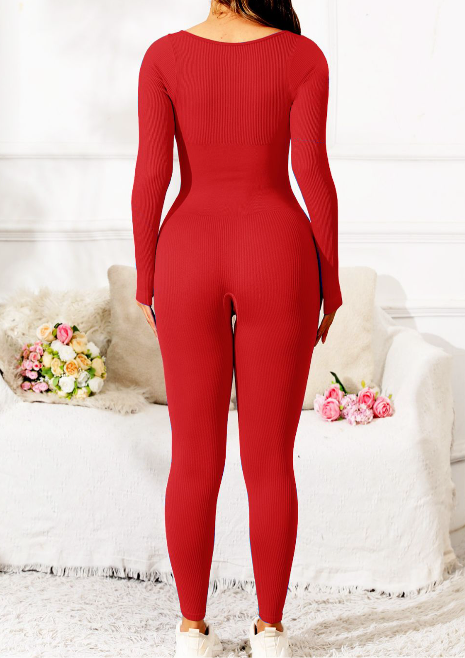 Makaya Scoop Neck Long Sleeve Active Jumpsuit