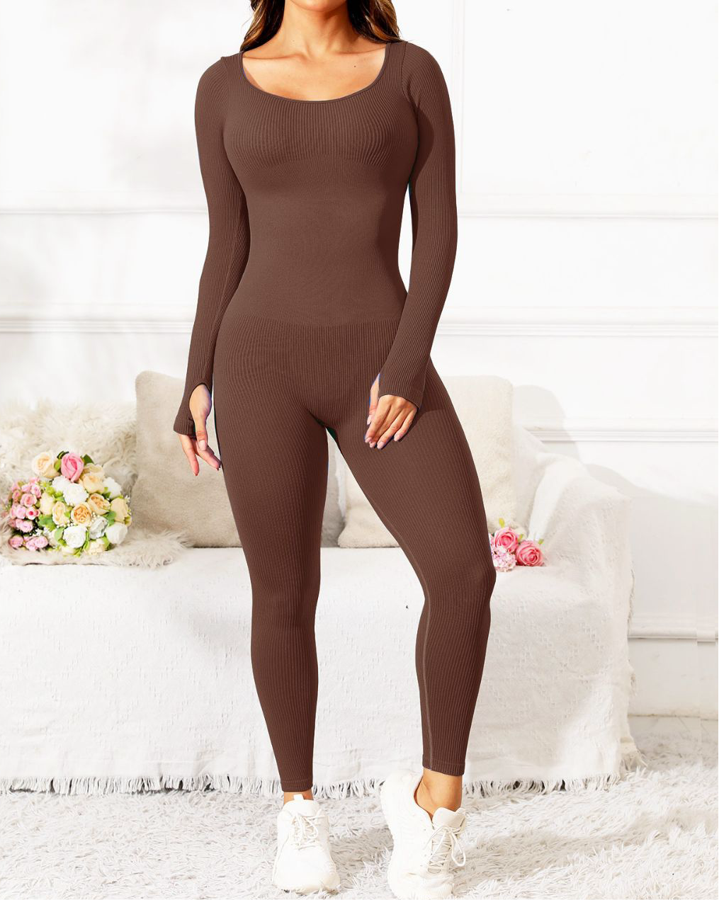 Makaya Scoop Neck Long Sleeve Active Jumpsuit