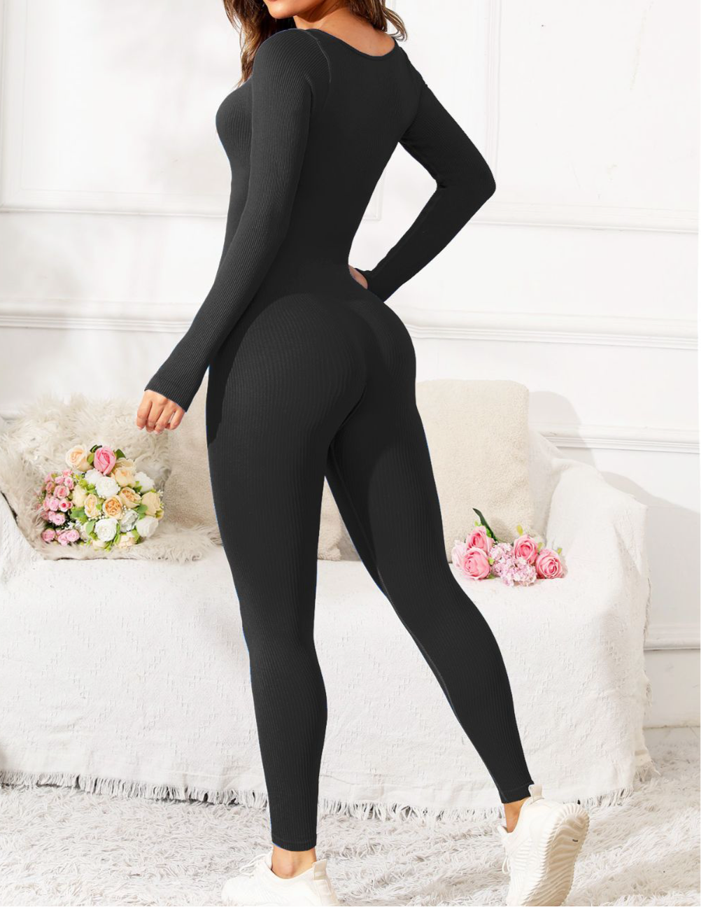 Makaya Scoop Neck Long Sleeve Active Jumpsuit