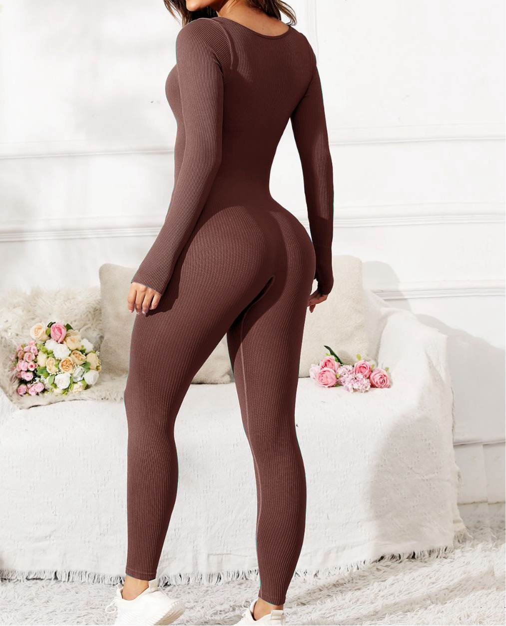 Makaya Scoop Neck Long Sleeve Active Jumpsuit
