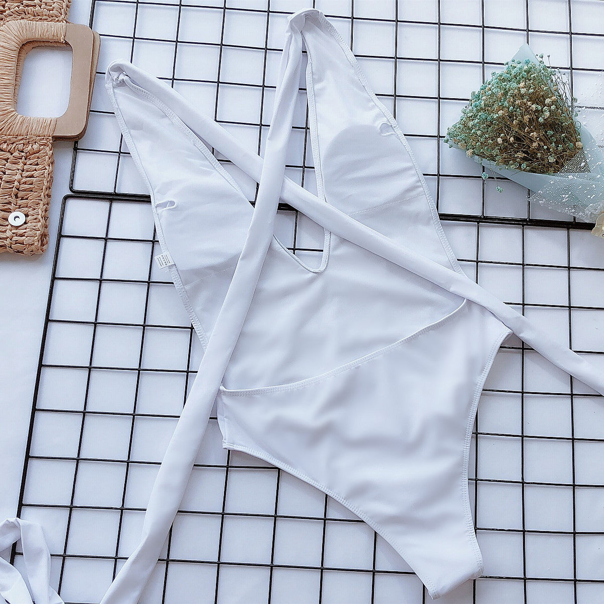 Shauna Halter Neck Deep V Tied One-Piece Swimsuit