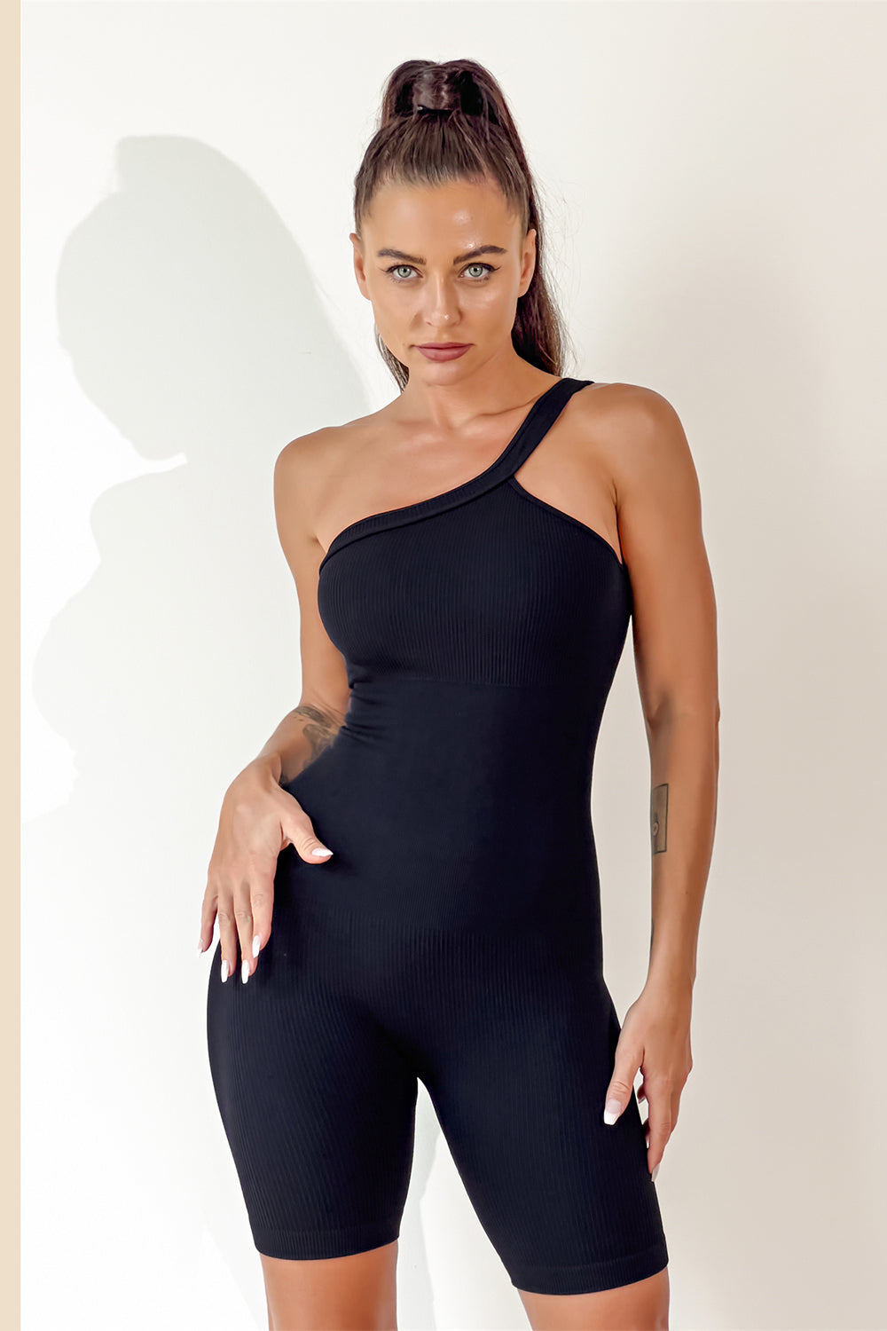 Nylla Asymmetrical Neck, Wide Strap Active Romper (multiple color options)