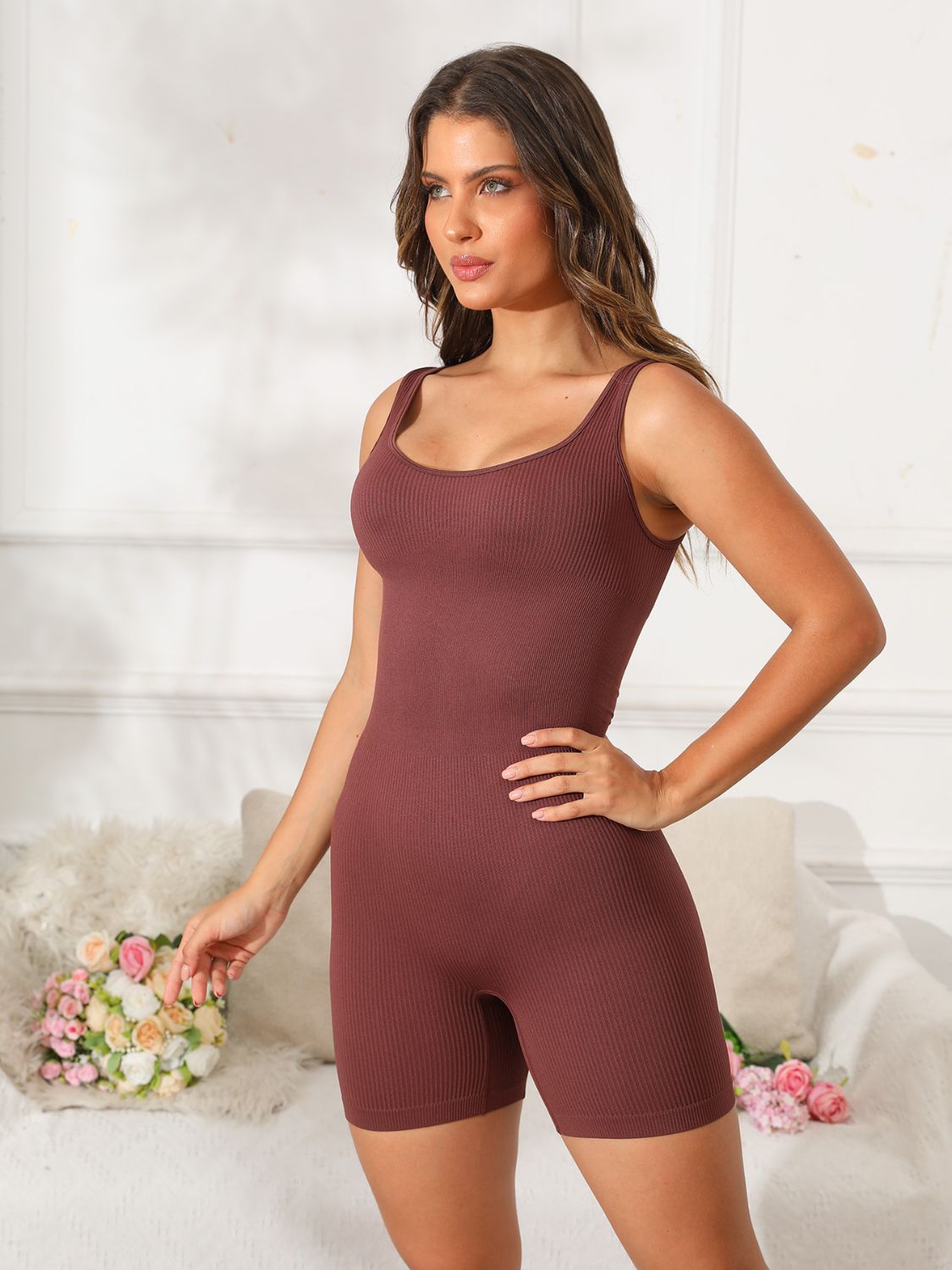 Rhonda Scoop Neck Wide Strap Active Romper multiple color options)