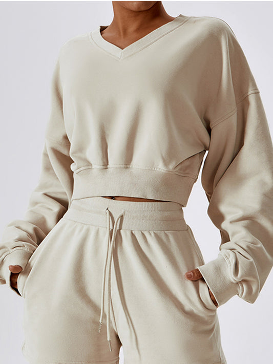 Vivian V-Neck Dropped Shoulder Cropped Sweatshirt (multiple color options)